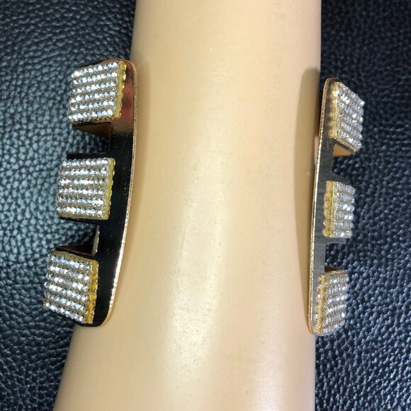 Gold Rhinestone Statement Cuff Bracelet Big Chunky 3 Row Wide Hexagon 7+" - Picture 3 of 10